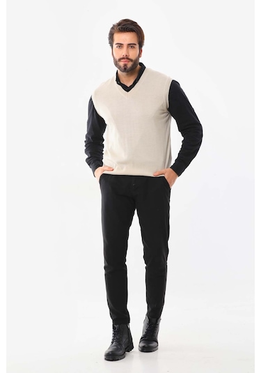 Günay Erkek V Yaka Yün Süveter 1000 Bej