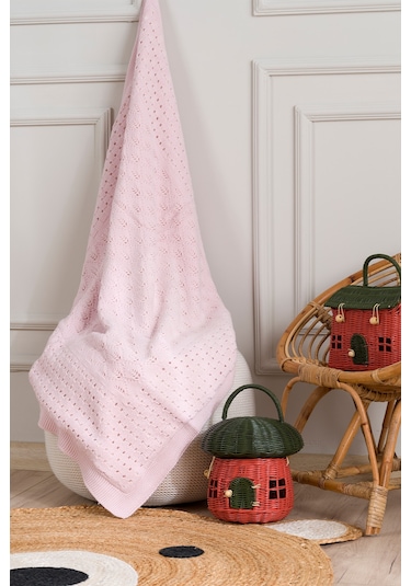 Toffy Toz Pembe Damalı Örgü Bebek Battaniyesi 100x100 Pembe
