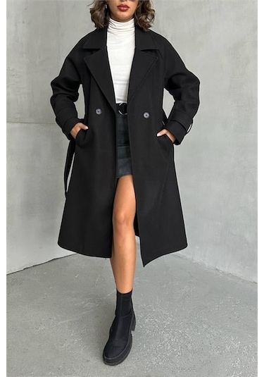 Dip Moda Kadın Astarlı Siyah İthal Kaşe Kaban Dpnbg048 Siyah