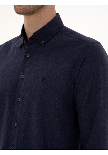 Cacharel Lacivert Slim Fit Pamuk Karışımlı Yakası Düğmeli Flanel Gömlek