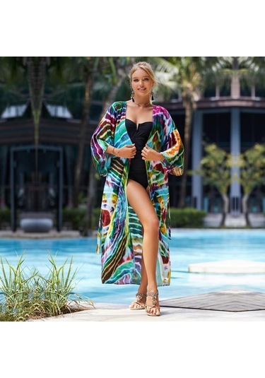 Edolynsa Yeşil Leopar Desenli Mayo Cover-up Vintage Şerit Kendinden Kemerli Kadın Yaz Uzun Kimono Elbise Plaj Bikini Cover-up Q1521 Mor