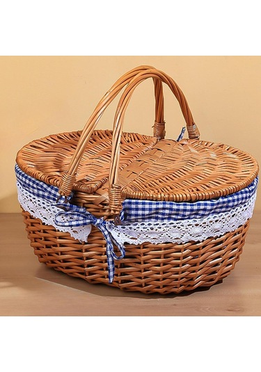 Homyl Piknik Sepeti Kırsal Pratik Hasır Depolama Park Açık Mavi Kareli Çok Renkli