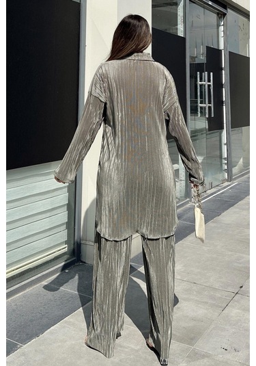 Kadın Haki Uzun Tunik Gömlek & Beli Lastikli, Bol Paça Pantolon - Salaş Bürümcük Takım Haki