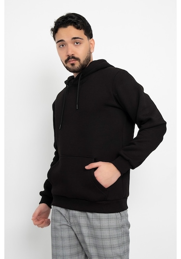Dasüniforma Basic Baskısız 3 İplik Kapüşonlu Unisex Kanguru Cepli Kapüşonlu Sweatshirt Hoodie Sweat Siyah
