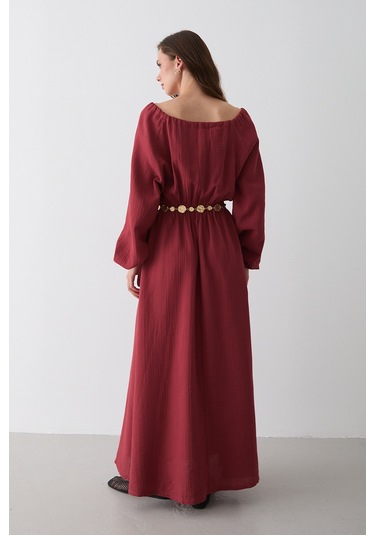 Kiremit Bağlama Detaylı Müslin Elbise - 2004 Kiremit