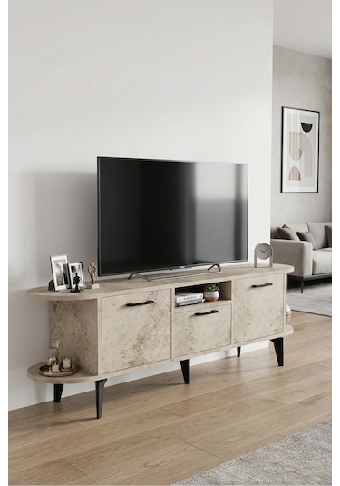 Tv Sehpası 160 Cm Modern 3 Kapaklı Tv Sehpa Çok Amaçlı Konsol Ünitesi Mira Ekru