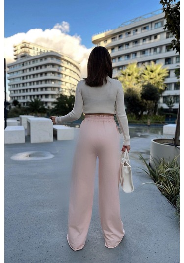 Kadın Pudra Beli Lastikli, Cepli, Bol Paça, Salaş Pantolon Pudra