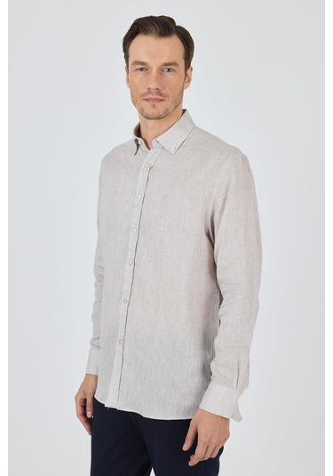 Uzun Kol Düz Keten Düğmeli Yaka Cepsiz Casual Comfort Fit Gömlek 1004250114 Açık Vizon