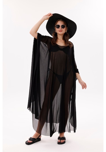 Tarzını Seç Kimono Pareo - Tesettür Pareo - Esnek Likralı Tül Siyah 240x135 Cm Çok Renkli