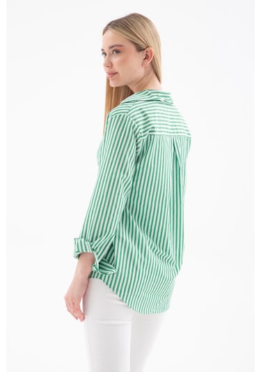 Fashion Friends Oversize Kadın Çizgili Gömlek Yeşil