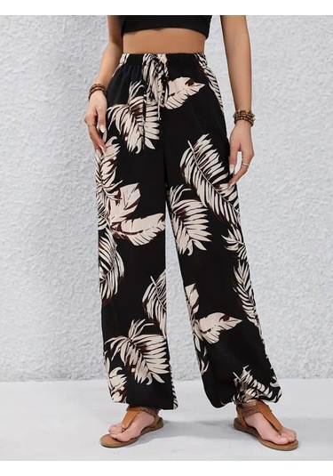 Gülsüm Aydın Kadın Yüksek Bel Bağcıklı Yaprak Desenli Süprem Pantolon Çok Renkli