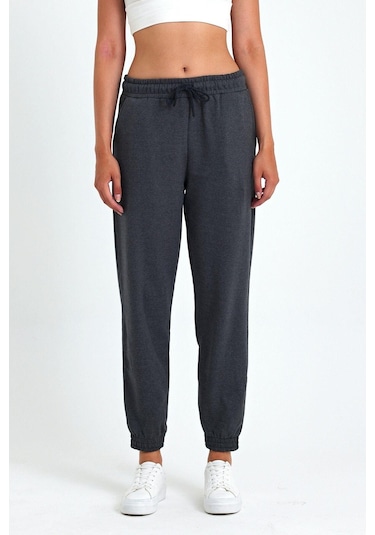 Kadın Antrasit Pamuklu Kalın Paçası Lastikli Yüksek Bel Rahat Jogger Eşofman Altı Antrasit