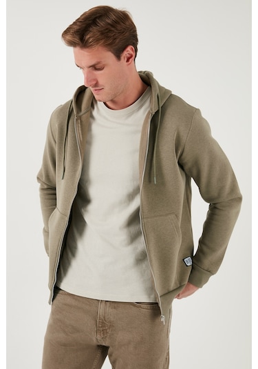 Buratti Regular Fit Kapüşonlu Fermuarlı Içi Tüylü Yumuşak Şardonlu Kışlık Erkek Sweat 5905340 Vizon Yeşili