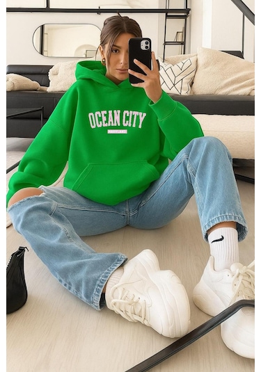 Benroma 3 İplik Penye Ocean Cıty Baskılı Sweatshırt Yeşil