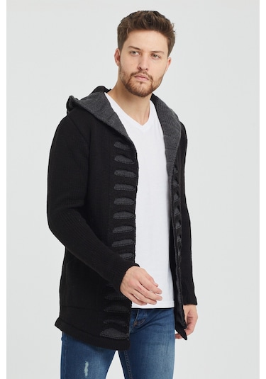 Tarz Cool Erkek Siyah Desenli Panço Triko Hırka- Hrk2020r02s Siyah