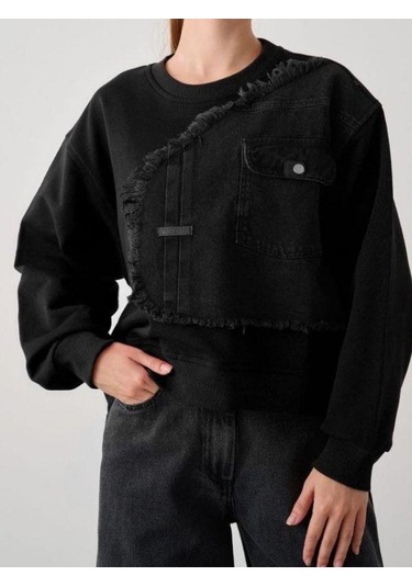 Kız Çocuk Mevsimlik Önü Denim Garni Cepli 3 İplik Sweatshirt-14773 Siyah