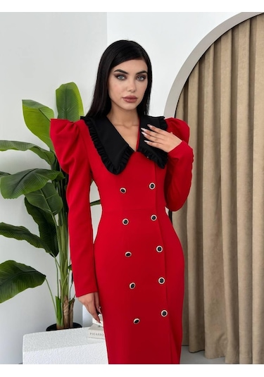 S-pazarım Palmas Geniş Yakalı Elbise Kırmızı