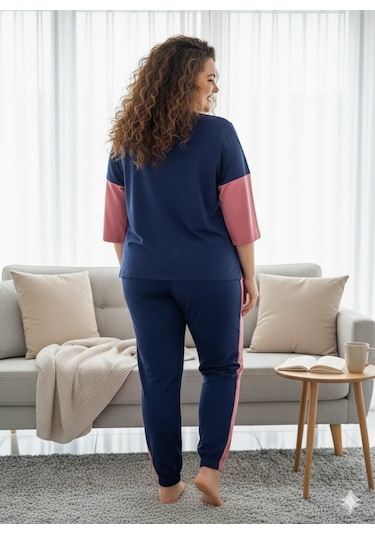 Kadın Lacivert Büyük Beden Pijama Takımı Pembe