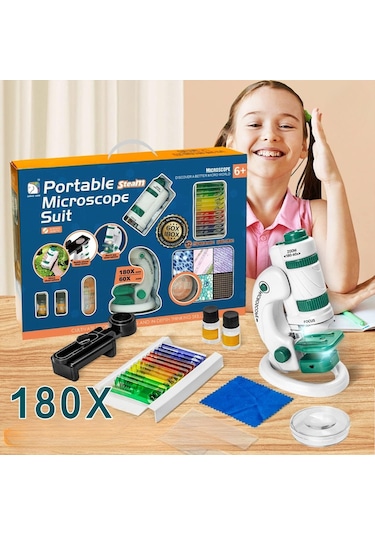 Triline Mikroskop Deney Seti 180x Portatif Led Işıklı Eğitici Öğretici 21 Parça Mobil Mini Taşınabilir