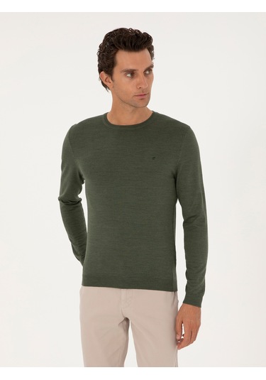 Cacharel Haki Slim Fit Yün Karışımlı Bisiklet Yaka Basic Triko Kazak Yesıl
