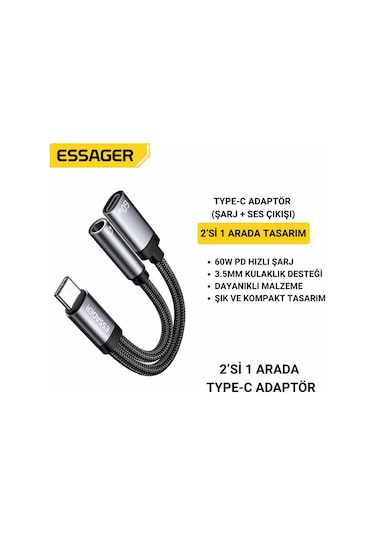 Essager 2in1 Type-c Adaptör 60w Hızlı Şarj + 3.5mm Kulaklık Çıkışı, Hifi Ses Ve Hızlı Şarj Adaptörü Gri
