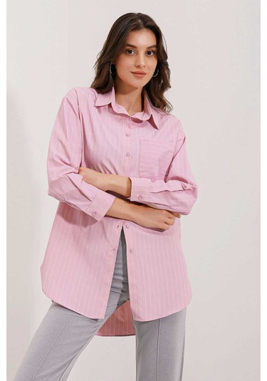 Gabria Tek Cep Arkası Uzun Gömlek Pembe