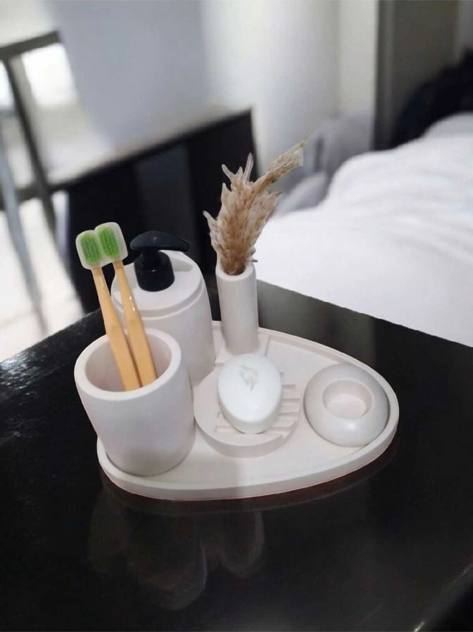 6'lı Kırık Beyaz Beton Banyo Seti Sıvı Sabunluk Diş Fırçalığı ,tepsili,mumluklu Aksesuar Takım Beyaz