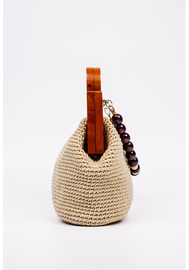 Fabric Craft Bag El Çantası Örgü Floş İplik Ahşap Saplı Açık Bej