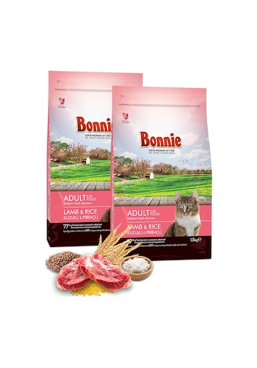 Bonnie Kuzu Etli ve Pirinçli Yetişkin Kedi Maması 2 x 1500 G