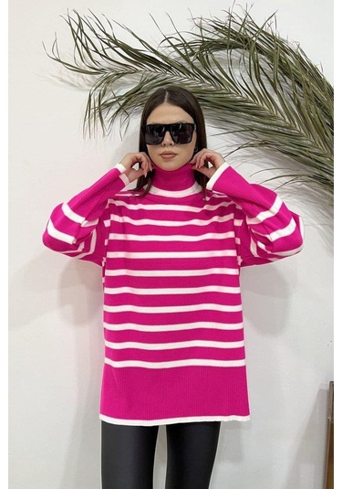 Kadın Uzun Kollu Balıkçı Yaka İspanyol Kol Triko Bluz Pembe