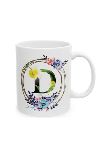 D Harf Baskılı Hediyelik Baskılı Porselen Beyaz Lüks Kupa Bardak Beyaz