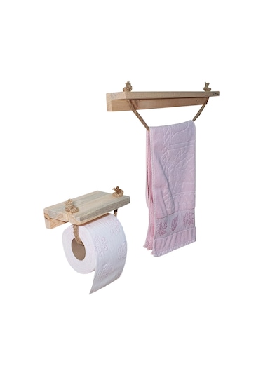 Doğal Ahşap Banyo Havluluk Tuvalet Kağıtlığı Havlupan Jüt İpli Ahşap
