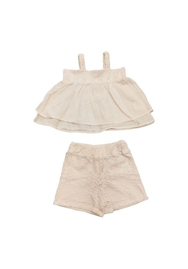 Kız Bebek Askılı Dantelli Şortlu Takım-13871 Bej