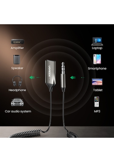 Cbtx Ugreen Araba Bluetooth 5.0 Adaptörü Usb 3.5mm Aux Ses Müzik Kablosuz Alıcı Eller Serbest Adaptörü