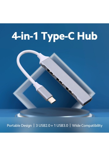 Xindoker Alüminyum 4-port Usb Hub - Type-c'den 1 Usb 3.0 + 3 Usb 2.0'a Çevirici, Veri Transferi Ve Cihaz Genişletici, Gümüş