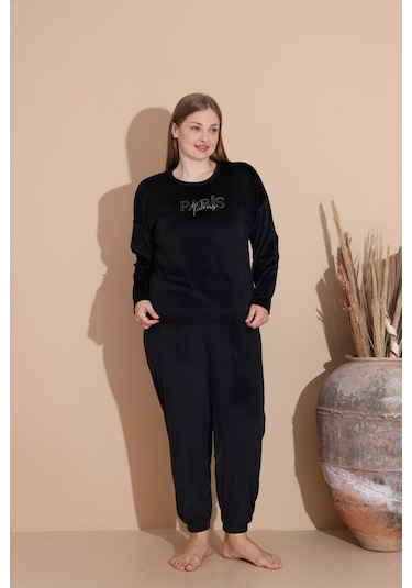 Boyraz Kadın Kışlık Fransız Kadife Büyük Beden Bisiklet Yaka Uzun Kol Pijama Takımı 03134 - 1 Adet Siyah