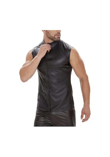 Deri Dik Yaka Sıfır Kollu Yelek Siyah