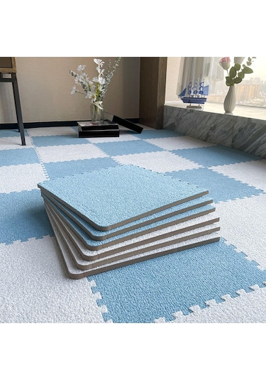 12 Kısa Peluş Köpük Bulmaca Alan Halı, 30 Cm 12x12in , Oyun, Dekor Ve Güvenlik İçin Birbirine Geçen Paspaslar Mavi+beyaz