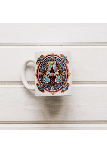 A Harfi Boho Bardak, Renkli Özel Tasarım Hediyelik Harfli Kupa, 330ml Porselen Beyaz