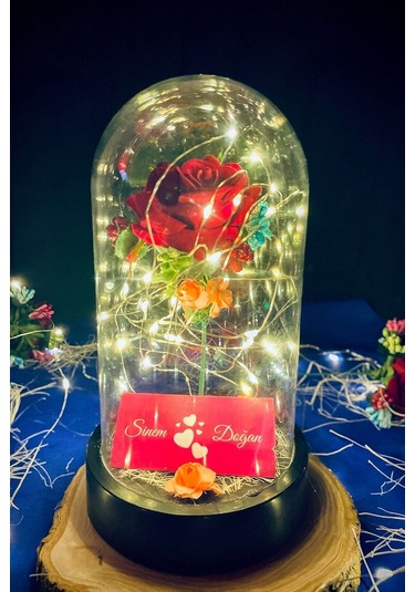 Anneler Gününe Özel Kırmızı Gül Rgb Fanus Lamba Usb'li Yapay Çiçek Dekoratif Aydınlatma Hediyelik
