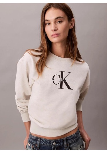 Calvin Klein Jeans Monologo Uzun Kollu Rahat Kesim Penye Bisiklet Yaka Kadın Gri Sweatshirt Lv047b23 Gri