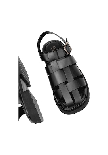 Elit Nerina Kadın Hakiki Deri Ortopedik Düz Sandalet Siyah Siyah