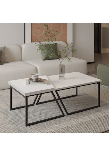 Verona İkili Orta Sehpa Modern Tasarım Metal Ayaklı Sehpa Seti Beyaz