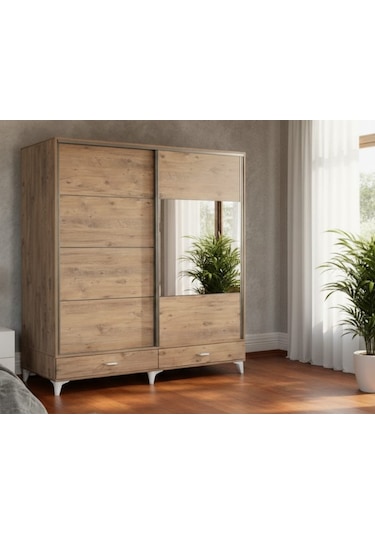 Güneş Sürgülü Dolap Çekmeceli Gardırop Çam 180 Cm