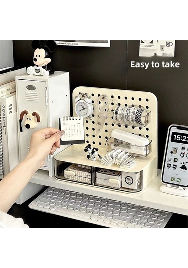 Konesam Masa Üstü Delikli Tahta Çekmeceli Saklama Kutusu - Deliksiz Kurulum, Çok Amaçlı Organize, Sağlam Malzeme Beyaz