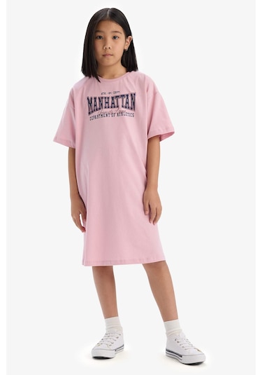 DeFacto Kız Çocuk Oversize Geniş Kalıp Bisiklet Yaka Baskılı Kısa Kollu Yazlık Elbise E5805A825HSPN86