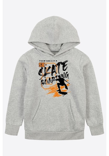 2'li Street Style-skate Boarding Baskılı Erkek Çocuk Kanguru Cepli Kapüşonlu Siyah-gri Sweatshirt Siyah - Gri4