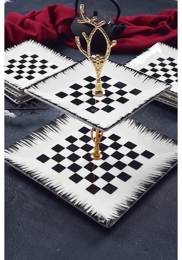 Piatti Naturali Çift Katlı Dama Kurabiyelik Sunum Tabağı Servis Seti İkramlık