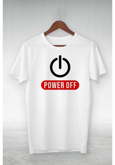 Unisex Beyaz- Power Off Baskılı Illustrasyon Tshırt Beyaz