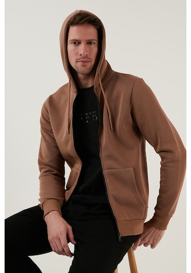 Buratti Regular Fit Kapüşonlu Fermuarlı Içi Tüylü Yumuşak Şardonlu Kışlık Erkek Sweat 5905340 Sütlü Kahve